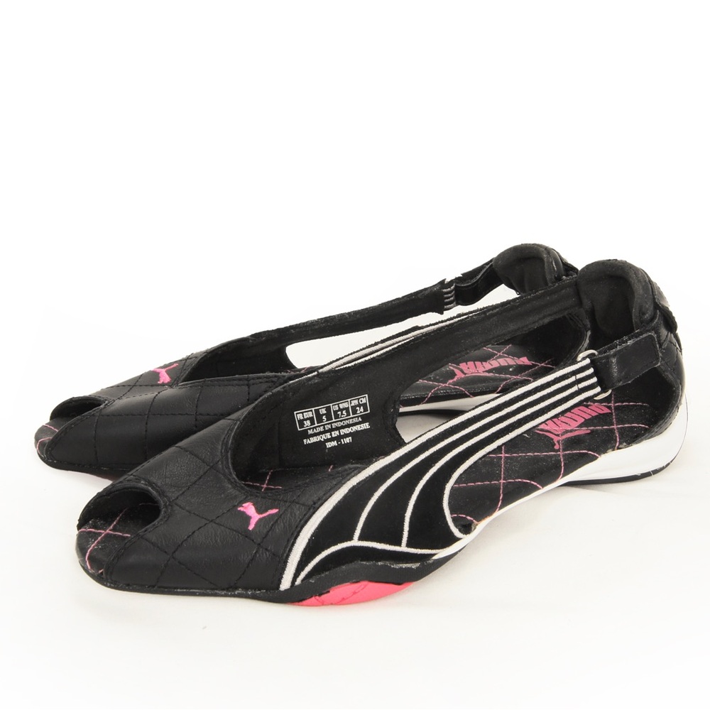 Rare Vintage Y2K Puma Japan Ballet Sporty Open Toe Black Leather Flat Shoes